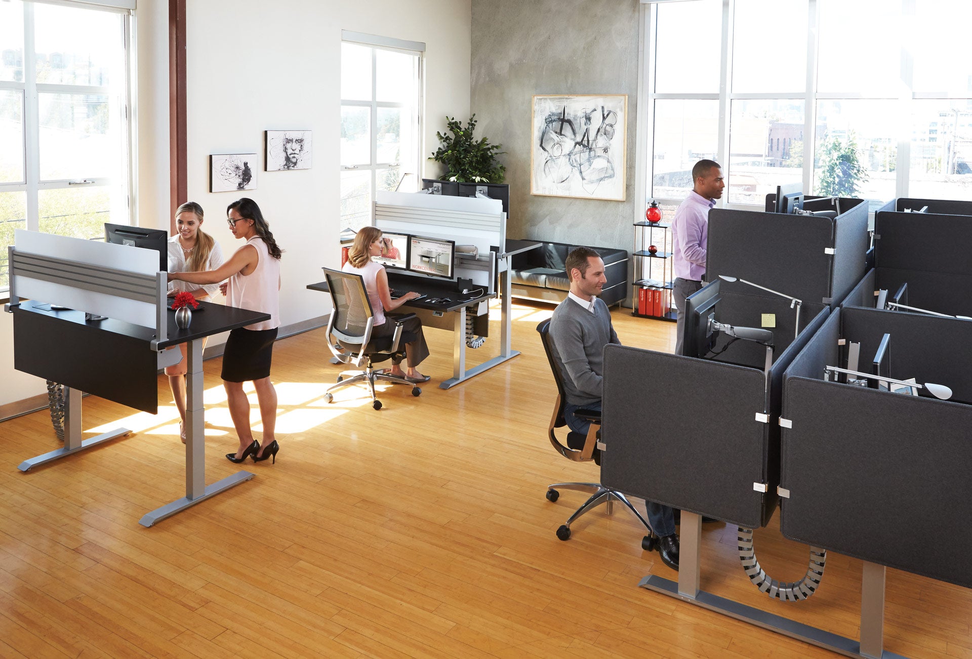 Office staff using ergonomic and standing desks